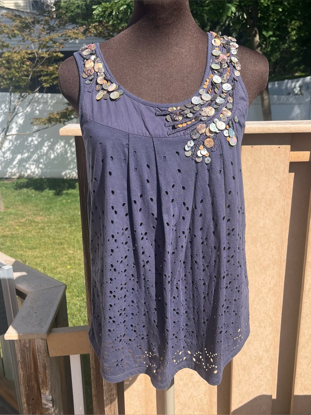 Deletta Anthropologie Mother of Pearl Embellished Eyelet Tank Top Size M Y2K